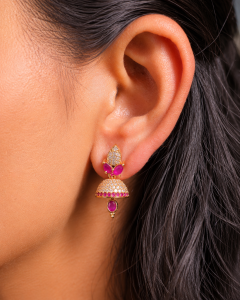 Gold Plated AD Jhumka Stud With Premium Ruby Stone