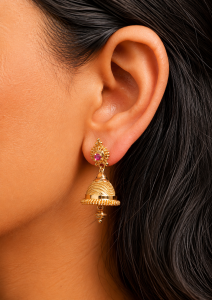 Gold Plated Net Jhumka With Premium Ruby Stud